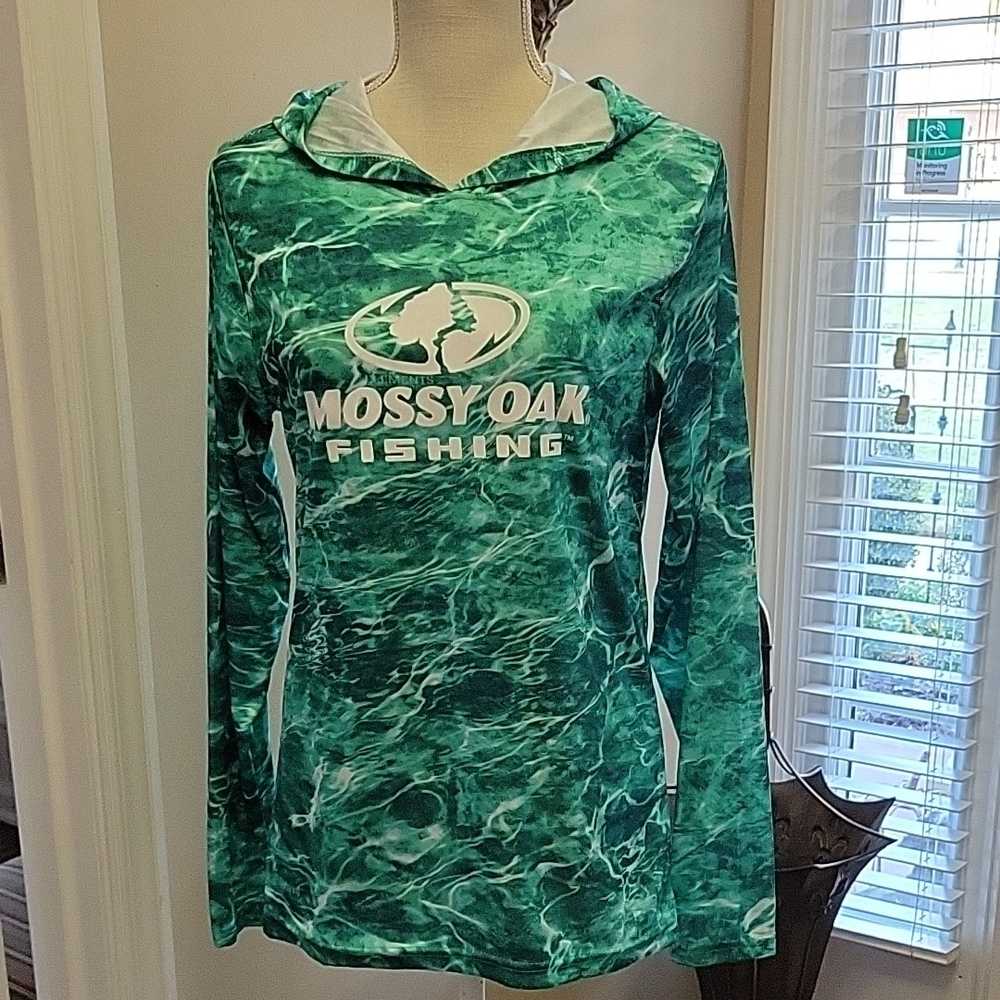 Mossy Oak Fishing Green White Long Sleeve Hoodie 100% polyester Large Excellent